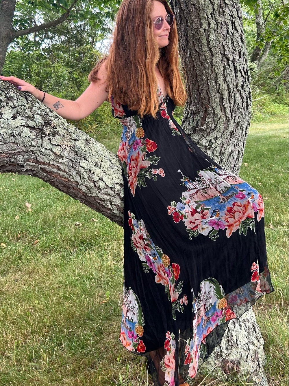 Anthropologie Traffic People Boho Black Floral Asymmetrical Maxi Dress